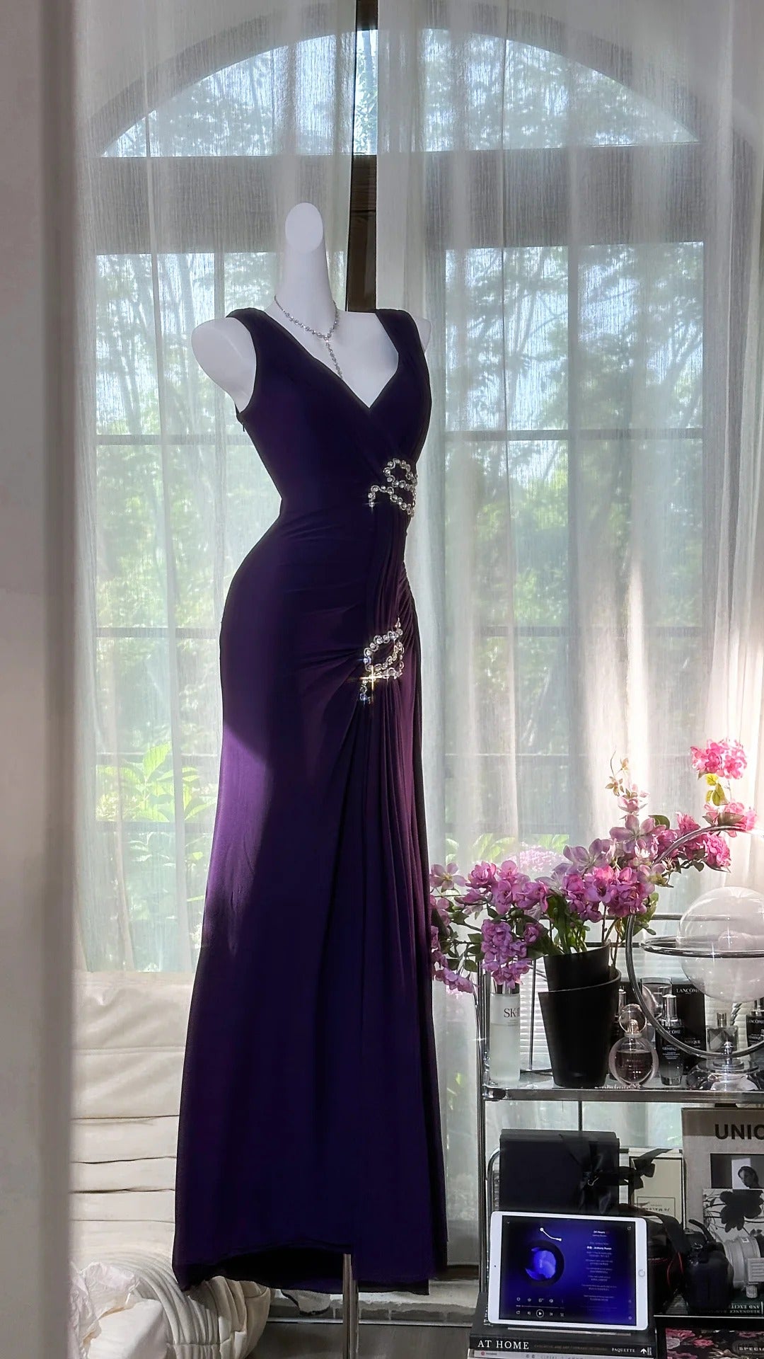 Elegant Purple Strapless Chiffon Long Formal Prom Dresses