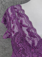 Elegant Purple V-Neck Lace Long Formal Prom Dresses
