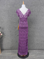 Elegant Purple V-Neck Lace Long Formal Prom Dresses