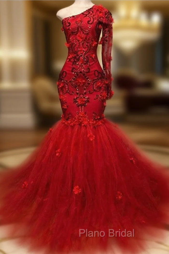 Elegant Red One-Shoulder Long-Sleeves Appliques Mermaid Formal Prom Party Gowns Main image