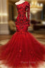 Elegant Red One-Shoulder Long-Sleeves Appliques Mermaid Formal Prom Party Gowns