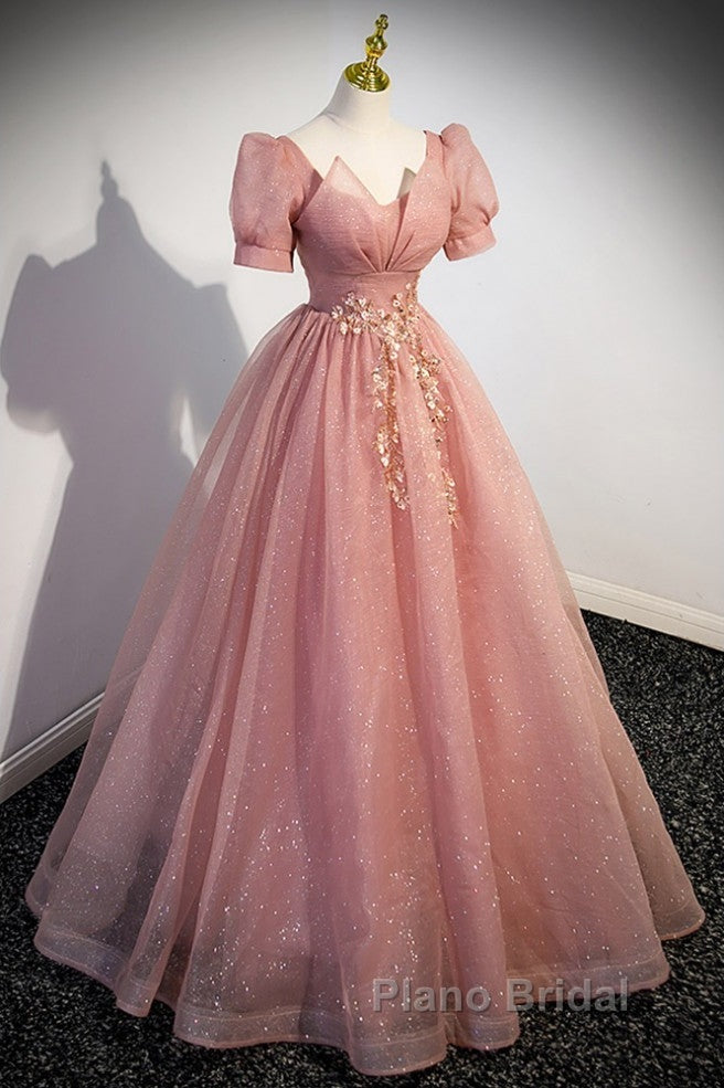 Elegant Red Pink Beaded Rhinestone Fluffy Short Sleeved Ball Dresses With Red Pink V-Neck Butterfly Patch Flower Dew Back Strap And Floor Length Evening Dresses Secondary image