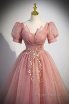 Elegant Red Pink Beaded Rhinestone Fluffy Short Sleeved Ball Dresses With Red Pink V-Neck Butterfly Patch Flower Dew Back Strap And Floor Length Evening Dresses