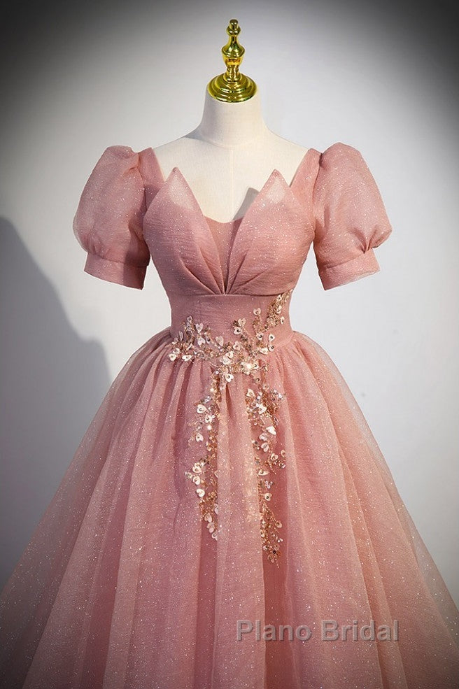 Elegant Red Pink Beaded Rhinestone Fluffy Short Sleeved Ball Dresses With Red Pink V-Neck Butterfly Patch Flower Dew Back Strap And Floor Length Evening Dresses