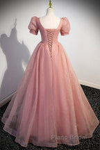 Elegant Red Pink Beaded Rhinestone Fluffy Short Sleeved Ball Dresses With Red Pink V-Neck Butterfly Patch Flower Dew Back Strap And Floor Length Evening Dresses