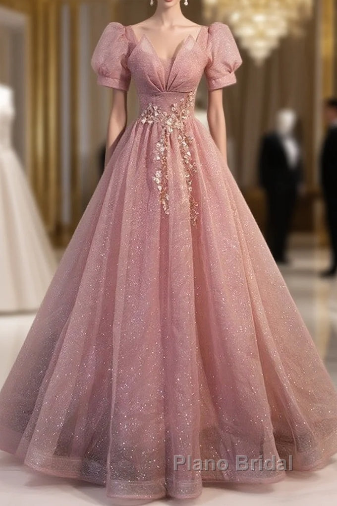 Elegant Red Pink Beaded Rhinestone Fluffy Short Sleeved Ball Dresses With Red Pink V-Neck Butterfly Patch Flower Dew Back Strap And Floor Length Evening Dresses Main image