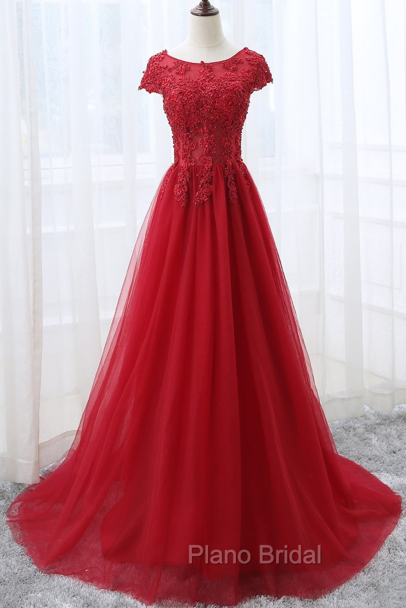Elegant Red Tulle Long Formal Prom Dresses with Lace Applique, Red Party Gowns Secondary image