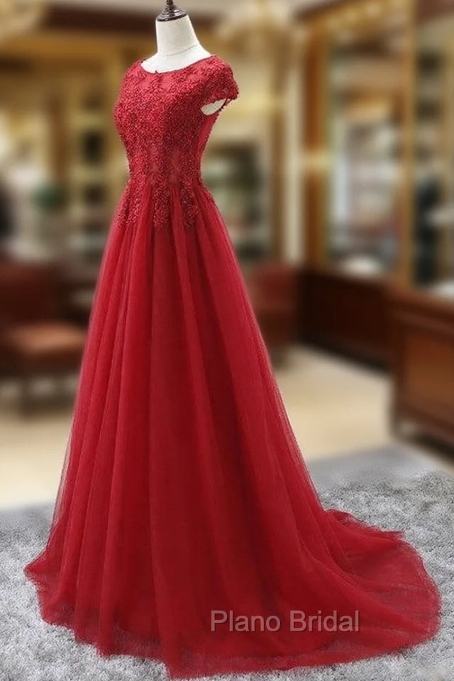 Elegant Red Tulle Long Formal Prom Dresses with Lace Applique, Red Party Gowns