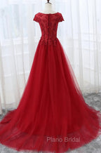 Elegant Red Tulle Long Formal Prom Dresses with Lace Applique, Red Party Gowns