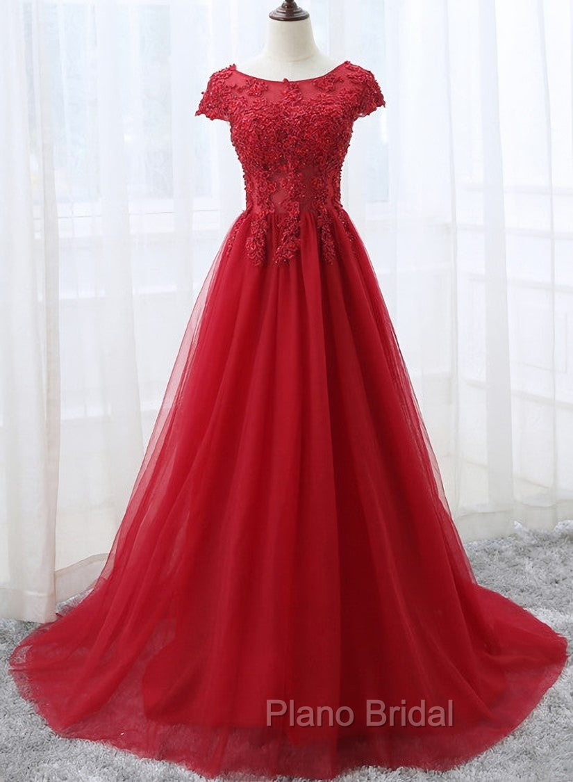 Elegant Red Tulle Long Formal Prom Dresses with Lace Applique, Red Party Gowns Main image