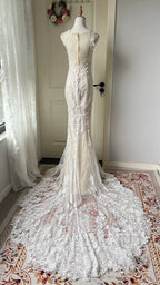 Elegant Retro White Mermaid Round Neck Lace Train Formal Prom Dresses Wedding Dresses