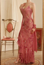 Elegant Rose Pink Mermaid Deep V-Neck Thin Strap Chiffon Long Formal Prom Dresses