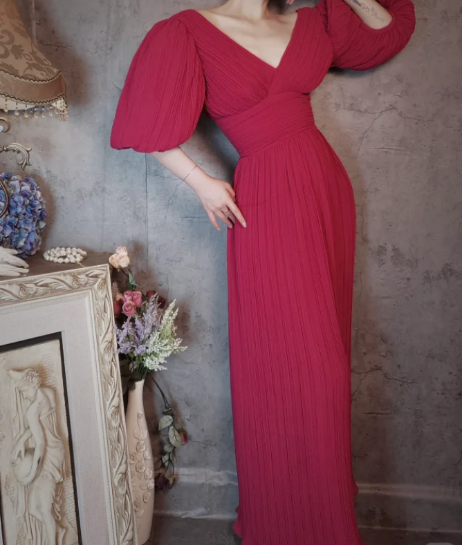 Elegant Rose Pink V-Neck Puff Sleeve Pleated Long Formal Prom Dresses