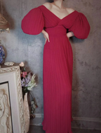 Elegant Rose Pink V-Neck Puff Sleeve Pleated Long Formal Prom Dresses