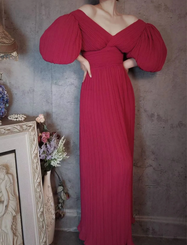 Elegant Rose Pink V-Neck Puff Sleeve Pleated Long Formal Prom Dresses