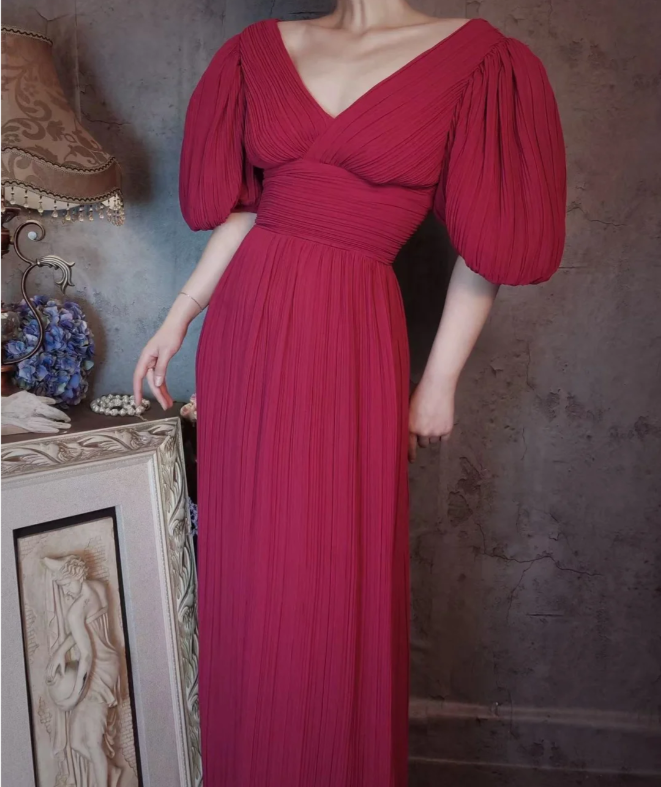 Elegant Rose Pink V-Neck Puff Sleeve Pleated Long Formal Prom Dresses