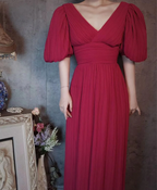 Elegant Rose Pink V-Neck Puff Sleeve Pleated Long Formal Prom Dresses