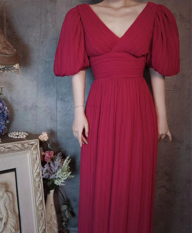 Elegant Rose Pink V-Neck Puff Sleeve Pleated Long Formal Prom Dresses