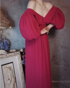 Elegant Rose Pink V-Neck Puff Sleeve Pleated Long Formal Prom Dresses