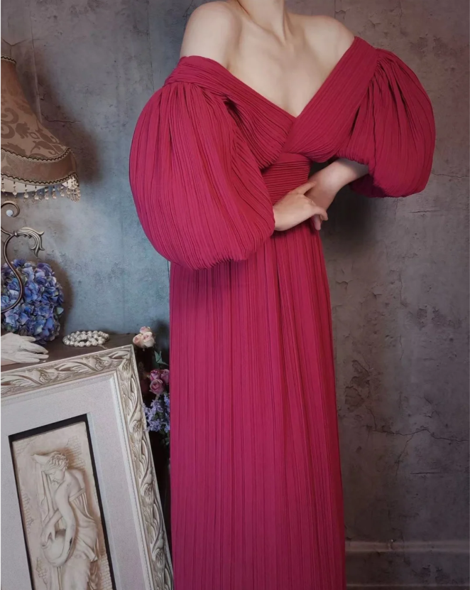 Elegant Rose Pink V-Neck Puff Sleeve Pleated Long Formal Prom Dresses