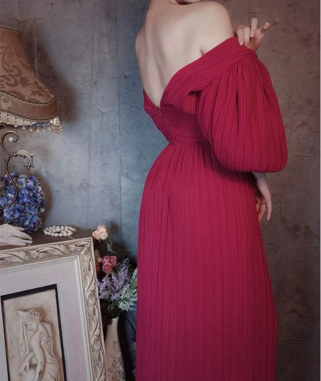 Elegant Rose Pink V-Neck Puff Sleeve Pleated Long Formal Prom Dresses