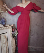 Elegant Rose Pink V-Neck Puff Sleeve Pleated Long Formal Prom Dresses
