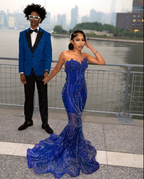 Elegant Royal Blue Sequin Beaded Appliques Mermaid Formal Prom Dresses Formal Evening Dresses