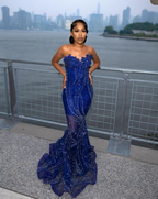 Elegant Royal Blue Sequin Beaded Appliques Mermaid Formal Prom Dresses Formal Evening Dresses