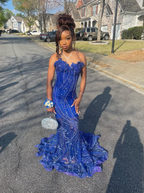 Elegant Royal Blue Sequin Beaded Appliques Mermaid Formal Prom Dresses Formal Evening Dresses