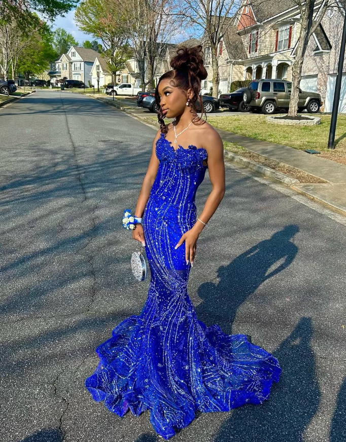 Elegant Royal Blue Sequin Beaded Appliques Mermaid Formal Prom Dresses Formal Evening Dresses