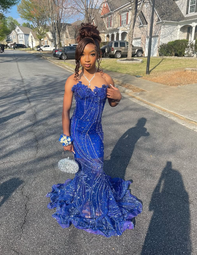 Elegant Royal Blue Sequin Beaded Appliques Mermaid Formal Prom Dresses Formal Evening Dresses