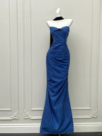 Elegant Royal Blue Mermaid Strapless Pleated Long Formal Prom Dresses