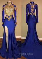 Elegant Royal Blue Formal Prom Party GownsMermaid Long Sleeves With Appliques