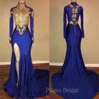 Elegant Royal Blue Formal Prom Party GownsMermaid Long Sleeves With Appliques