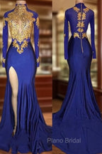 Elegant Royal Blue Formal Prom Party GownsMermaid Long Sleeves With Appliques
