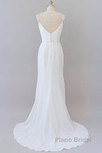 Elegant Ruffle Beading Chiffon Sheath Wedding Dress