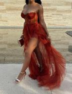 Elegant Rust Tiered Ruffles Tulle Formal Prom Dresses