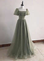 Elegant Sage Green A-Line Square Neck Short Sleeve Tulle Long Formal Prom Dresses