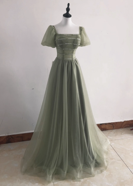 Elegant Sage Green A-Line Square Neck Short Sleeve Tulle Long Formal Prom Dresses