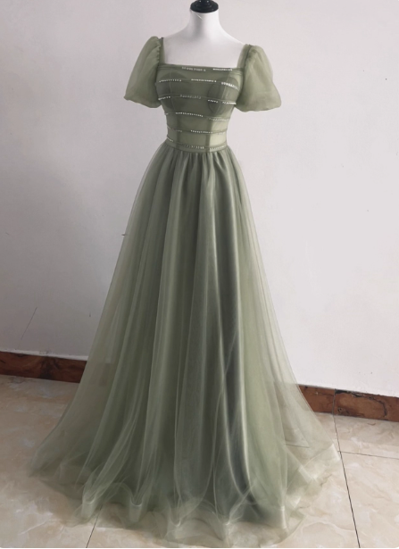 Elegant Sage Green A-Line Square Neck Short Sleeve Tulle Long Formal Prom Dresses Main image