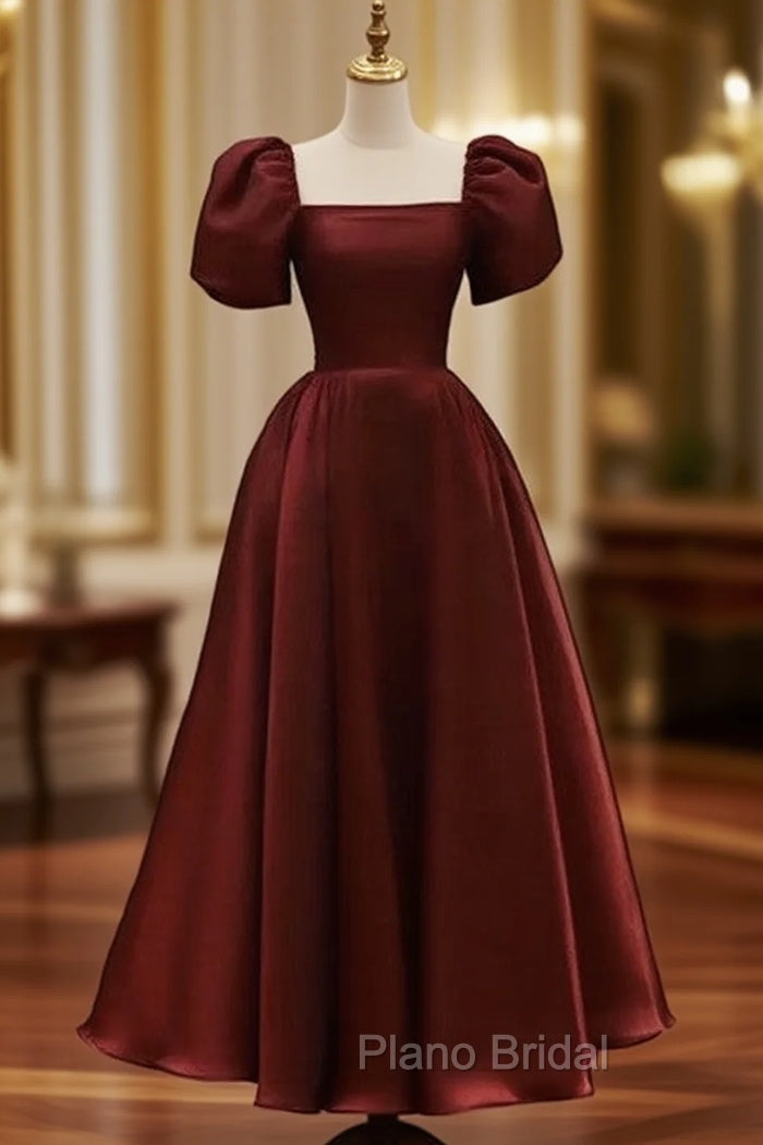 Elegant Satin A Line Ankle-length Short Sleeve Evening Dresses with Ruching