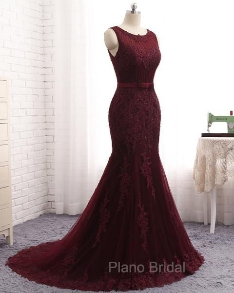 Elegant Scoop Sleeveless Tulle Mermaid Appliques Sequins Zipper Formal Prom Dresses