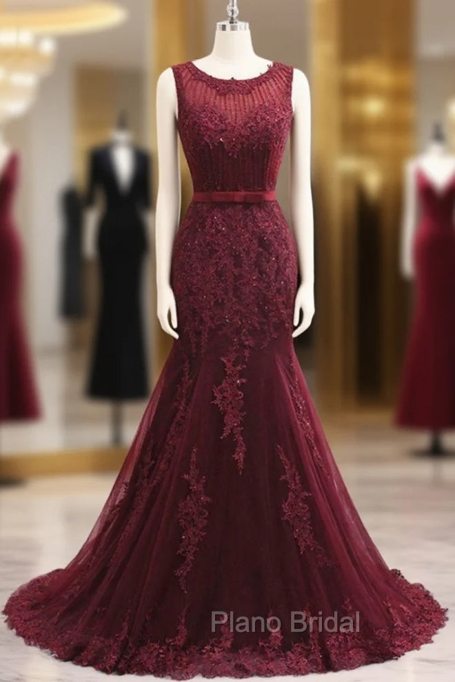 Elegant Scoop Sleeveless Tulle Mermaid Appliques Sequins Zipper Formal Prom Dresses