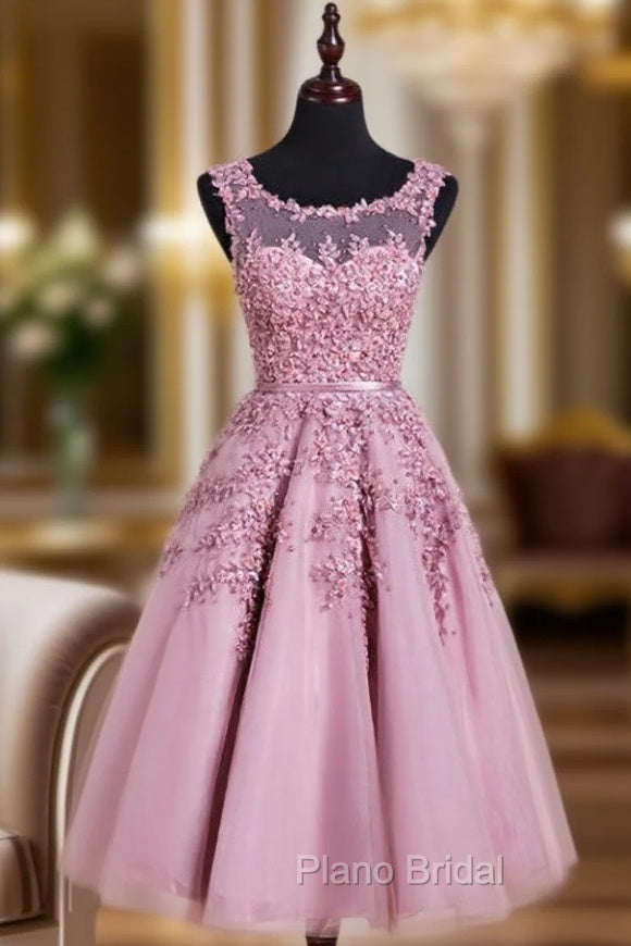 Elegant Scoop Tea Length School Homecoming Dresses Appliques Main image