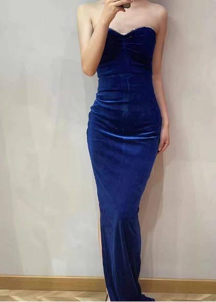 Elegant Sexy Royal Blue Sweetheart Neck Velvet Long Formal Prom Dresses