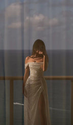 Elegant Sheath Off The Shoulder Sequin Slit Formal Prom Dresses Birthday Outfits With Ruffles