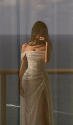Elegant Sheath Off The Shoulder White Slit Sequin Formal Prom Dresses Long Formal Evening Dresses