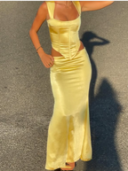 Elegant Sheath Square Neckline 2 Pieces Floor-Length Satin Long Yellow Formal Evening Dresses Formal Prom Dresses