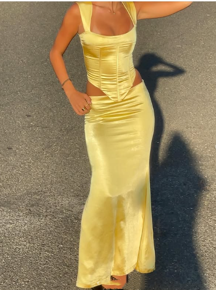 Elegant Sheath Square Neckline 2 Pieces Floor-Length Satin Long Yellow Formal Evening Dresses Formal Prom Dresses