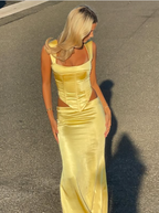 Elegant Sheath Square Neckline 2 Pieces Floor-Length Satin Long Yellow Formal Evening Dresses Formal Prom Dresses